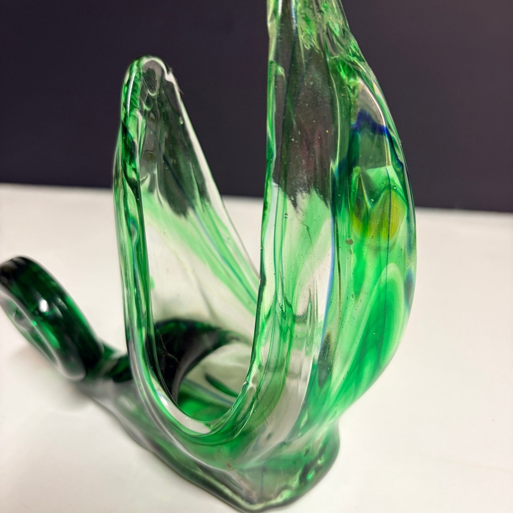Vintage Murano Style Green Art Glass Vase MCM Hand Blown 6.5"